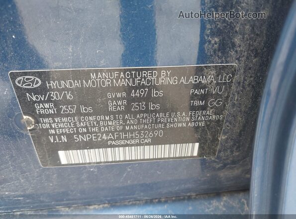 5NPE24AF1HH532690 2017 HYUNDAI SONATA Blue Engine compartment view