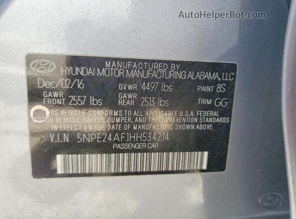 5NPE24AF1HH534214 2017 HYUNDAI SONATA Серый 