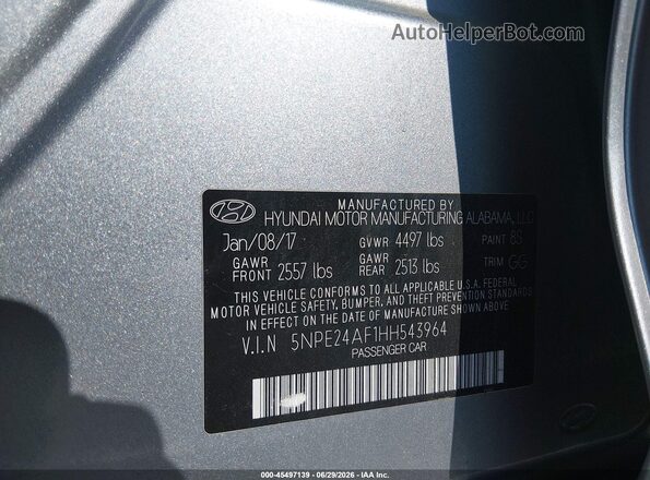 5NPE24AF1HH543964 2017 HYUNDAI SONATA Silver Widok komory silnika