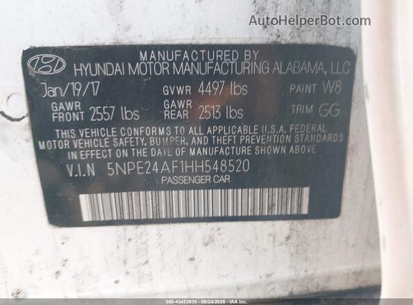 5NPE24AF1HH548520 2017 HYUNDAI SONATA White Widok komory silnika