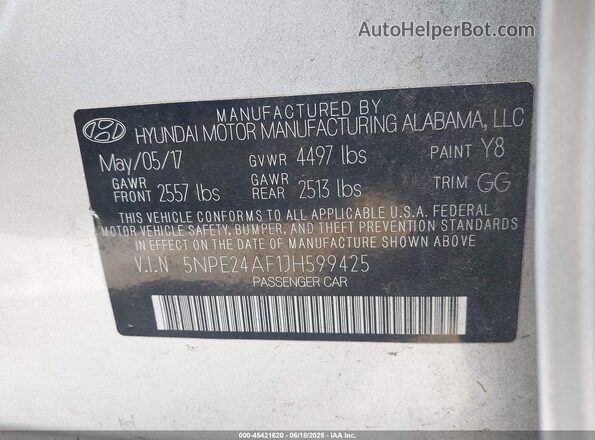 5NPE24AF1JH599425 2018 HYUNDAI SONATA Silver Vista del compartimento del motor