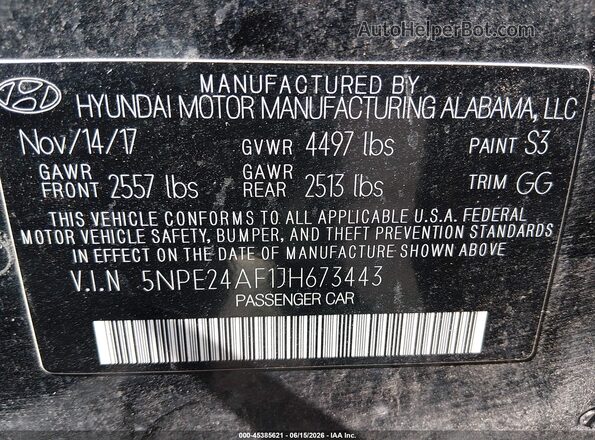 5NPE24AF1JH673443 2018 HYUNDAI SONATA Black ძრავის განყოფილების ხედი