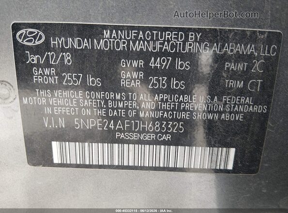 5NPE24AF1JH683325 2018 HYUNDAI SONATA Gray Widok komory silnika