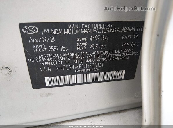 5NPE24AF1JH705131 2018 HYUNDAI SONATA Silver Engine compartment view