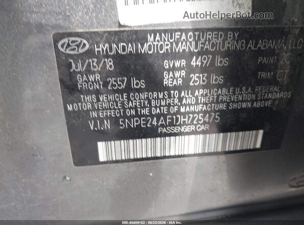 5NPE24AF1JH725475 2018 HYUNDAI SONATA Gray ძრავის განყოფილების ხედი