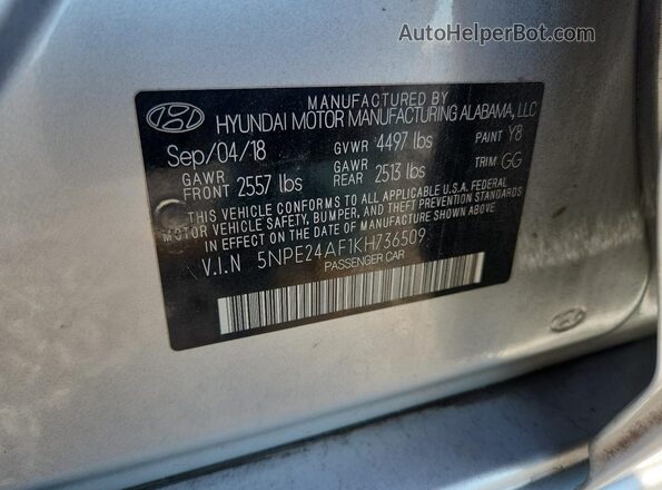 5NPE24AF1KH736509 2019 HYUNDAI SONATA Silver Vista del compartimento del motor