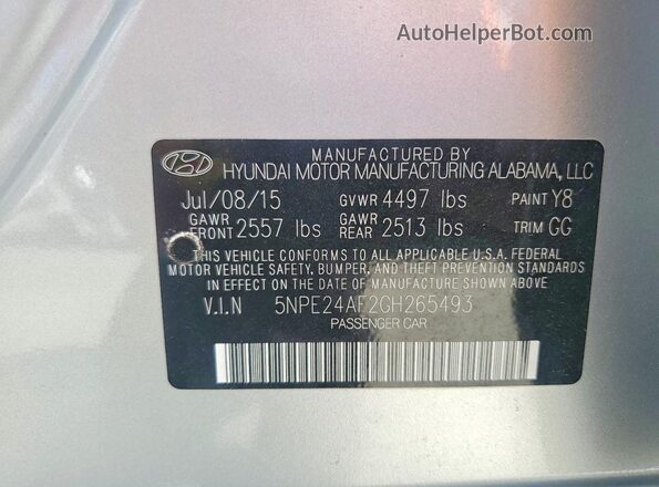 5NPE24AF2GH265493 2016 HYUNDAI SONATA Silver Widok komory silnika