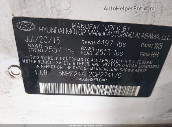5NPE24AF2GH274176 2016 HYUNDAI SONATA Белый Вид подкапотного пространства