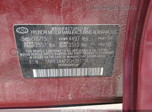 5NPE24AF2GH307791 2016 HYUNDAI SONATA Red ძრავის განყოფილების ხედი
