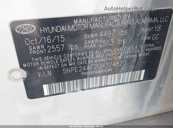 5NPE24AF2GH324820 2016 HYUNDAI SONATA Silver Engine compartment view