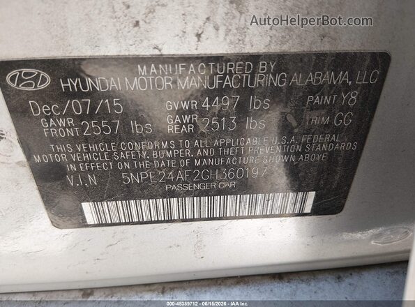 5NPE24AF2GH360197 2016 HYUNDAI SONATA Silver Engine compartment view