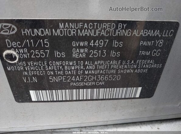 5NPE24AF2GH366520 2016 HYUNDAI SONATA Silver Widok komory silnika