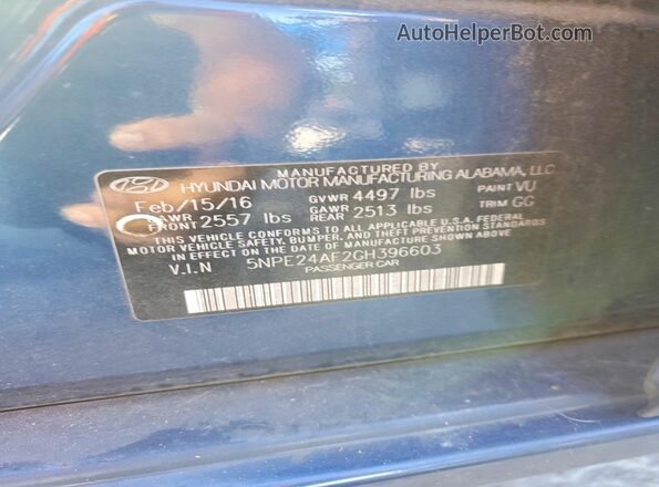 5NPE24AF2GH396603 2016 HYUNDAI SONATA Blue ძრავის განყოფილების ხედი