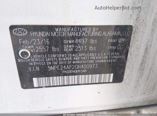 5NPE24AF2GH400973 2016 HYUNDAI SONATA Белый Вид подкапотного пространства