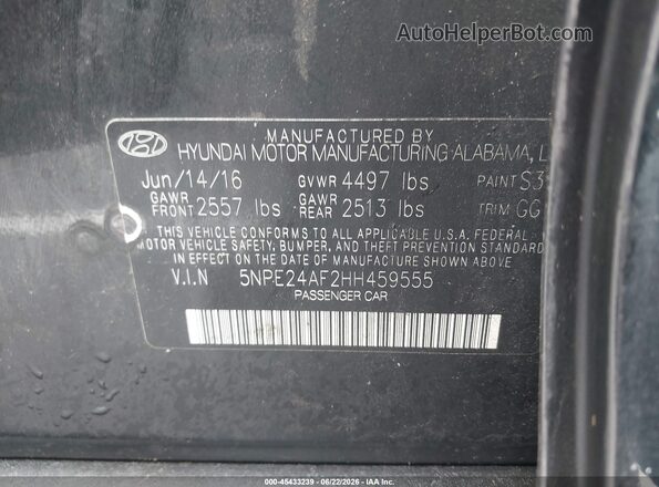 5NPE24AF2HH459555 2017 HYUNDAI SONATA Black ძრავის განყოფილების ხედი