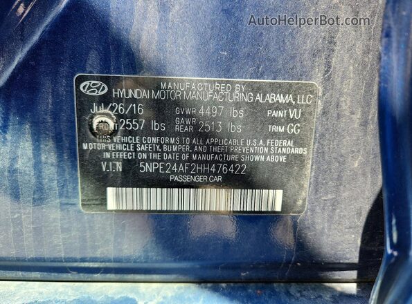 5NPE24AF2HH476422 2017 HYUNDAI SONATA Blue ძრავის განყოფილების ხედი