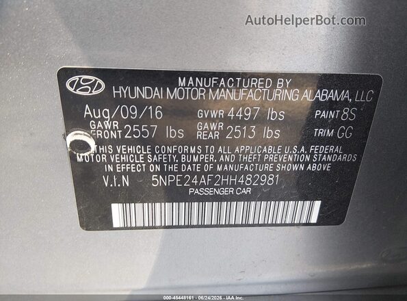 5NPE24AF2HH482981 2017 HYUNDAI SONATA Silver ძრავის განყოფილების ხედი