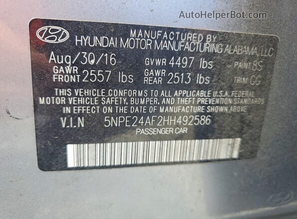 5NPE24AF2HH492586 2017 HYUNDAI SONATA Silver Սալոնի հետևի տեսք