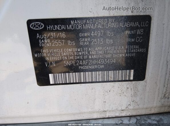 5NPE24AF2HH493494 2017 HYUNDAI SONATA White Շարժիչի բաժամունքի տեսք