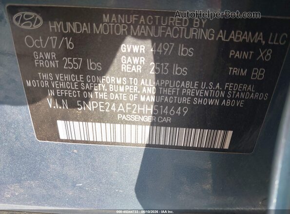 5NPE24AF2HH514649 2017 HYUNDAI SONATA Light Blue VIN sticker view