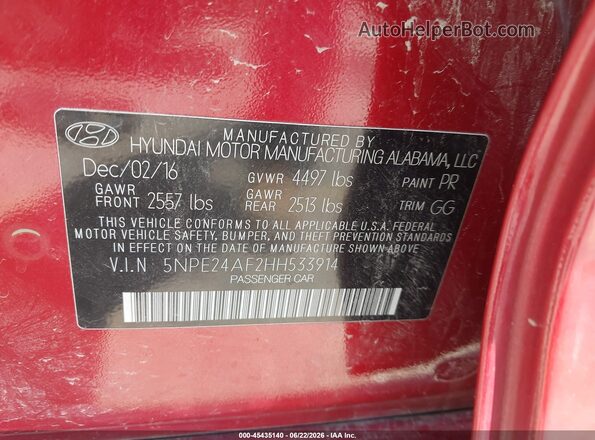 5NPE24AF2HH533914 2017 HYUNDAI SONATA Red Widok komory silnika