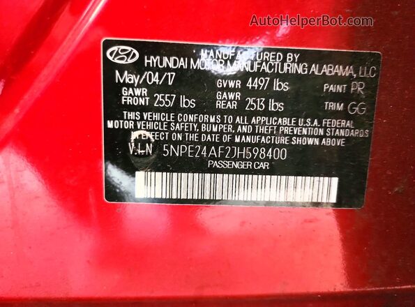 5NPE24AF2JH598400 2018 HYUNDAI SONATA Red 