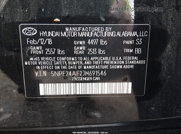 5NPE24AF2JH691546 2018 HYUNDAI SONATA Black ძრავის განყოფილების ხედი