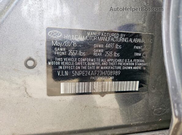 5NPE24AF2JH708989 2018 HYUNDAI SONATA Gray 