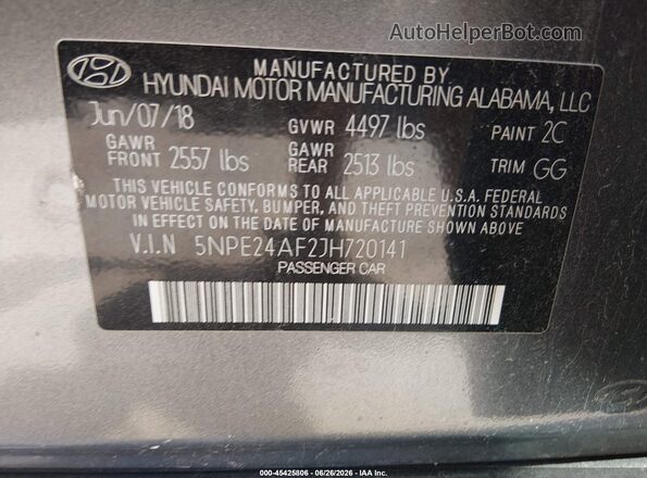 5NPE24AF2JH720141 2018 HYUNDAI SONATA Silver Շարժիչի բաժամունքի տեսք