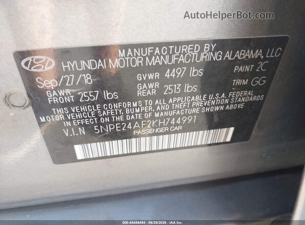 5NPE24AF2KH744991 2019 HYUNDAI SONATA Серый Вид подкапотного пространства