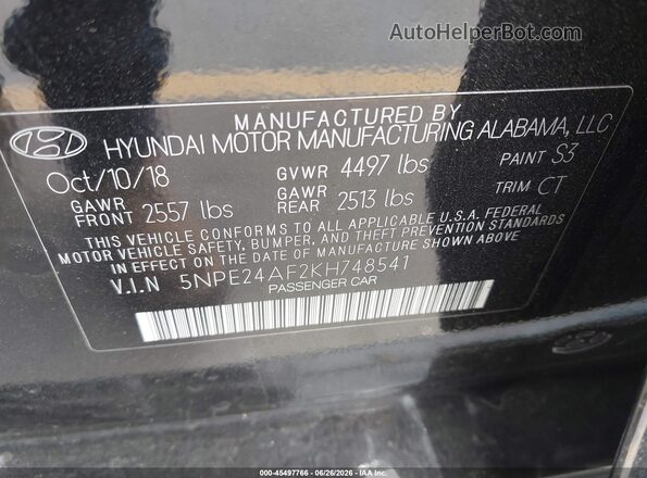 5NPE24AF2KH748541 2019 HYUNDAI SONATA Black Вид підкапотного простору
