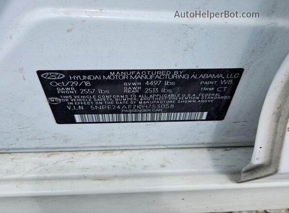 5NPE24AF2KH753058 2019 HYUNDAI SONATA White 