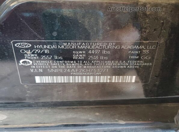 5NPE24AF2KH753271 2019 HYUNDAI SONATA Black VIN sticker view