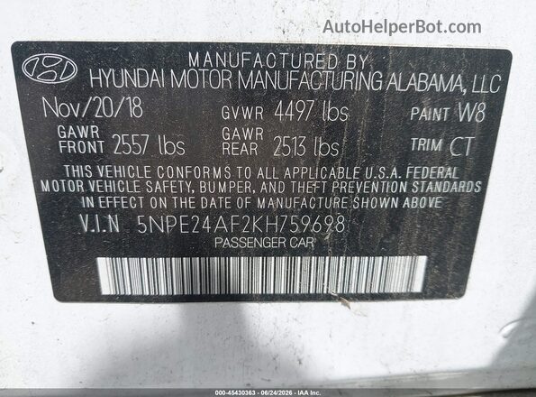5NPE24AF2KH759698 2019 HYUNDAI SONATA White Engine compartment view