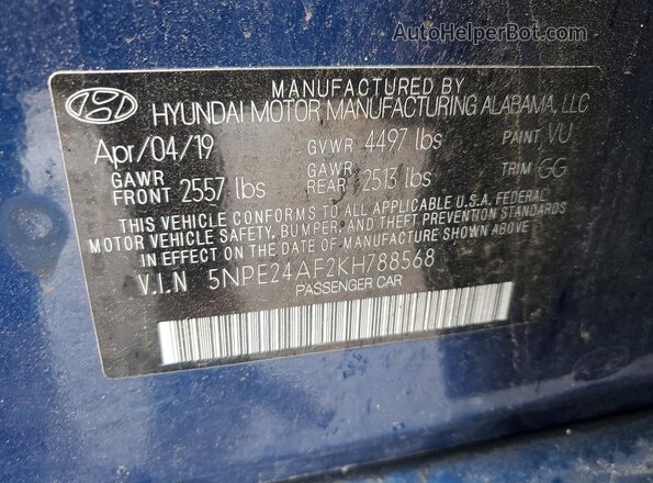 5NPE24AF2KH788568 2019 HYUNDAI SONATA Синий Вид подкапотного пространства