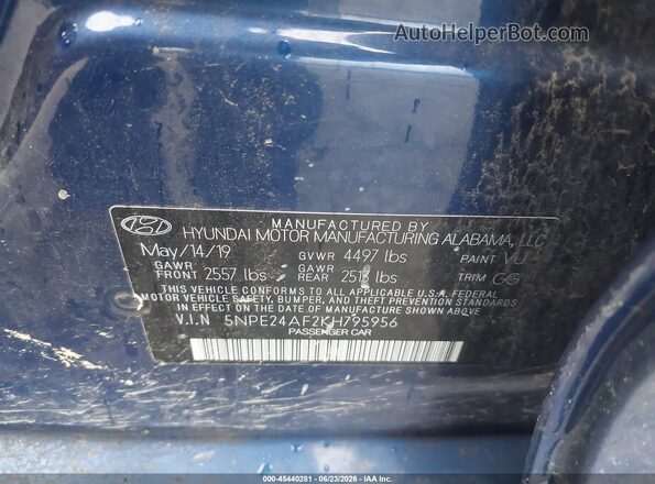 5NPE24AF2KH795956 2019 HYUNDAI SONATA Blue Вид підкапотного простору