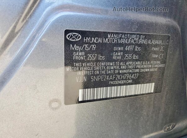 5NPE24AF2KH796427 2019 HYUNDAI SONATA Gray Вид підкапотного простору