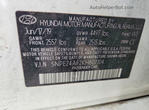 5NPE24AF2KH807104 2019 HYUNDAI SONATA White 