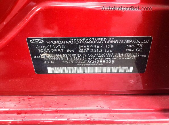 5NPE24AF3GH288328 2016 HYUNDAI SONATA Red ძრავის განყოფილების ხედი