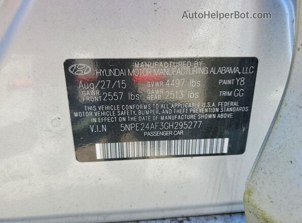 5NPE24AF3GH295277 2016 HYUNDAI SONATA Серебряный Вид подкапотного пространства