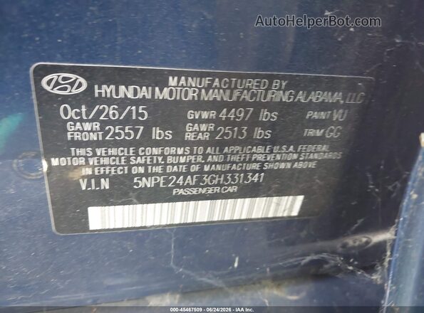 5NPE24AF3GH331341 2016 HYUNDAI SONATA Blue Widok komory silnika