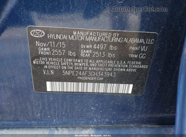 5NPE24AF3GH343943 2016 HYUNDAI SONATA Dark Blue Widok komory silnika