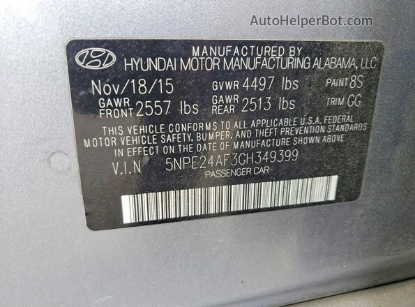 5NPE24AF3GH349399 2016 HYUNDAI SONATA Silver VIN კოდის სტიკერის ხედი