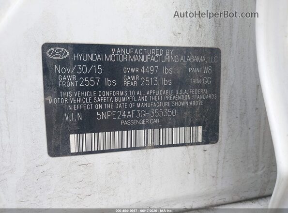 5NPE24AF3GH355350 2016 HYUNDAI SONATA White ძრავის განყოფილების ხედი