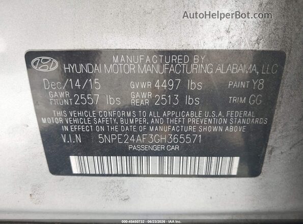 5NPE24AF3GH365571 2016 HYUNDAI SONATA Silver ძრავის განყოფილების ხედი