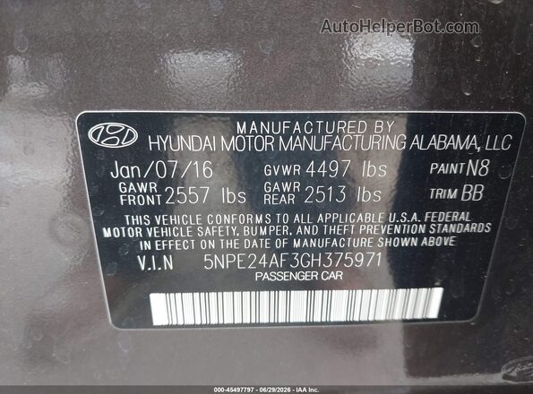 5NPE24AF3GH375971 2016 HYUNDAI SONATA Gray Շարժիչի բաժամունքի տեսք