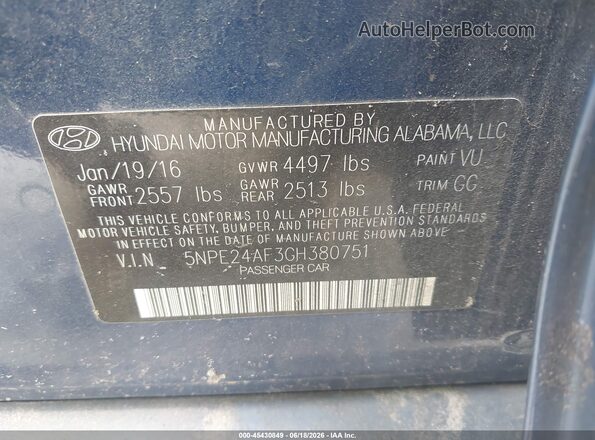 5NPE24AF3GH380751 2016 HYUNDAI SONATA Blue 