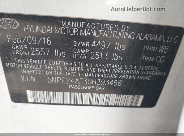5NPE24AF3GH393466 2016 HYUNDAI SONATA Белый 