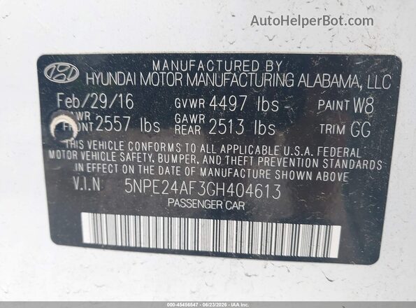 5NPE24AF3GH404613 2016 HYUNDAI SONATA White Vista del compartimento del motor