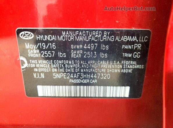 5NPE24AF3HH447320 2017 HYUNDAI SONATA Red Engine compartment view